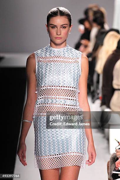 Model walks the runway at the Matthew Gallagher Spring/Summer 2016 fashion show during World Mastercard fashion week on October 19, 2015 at David...