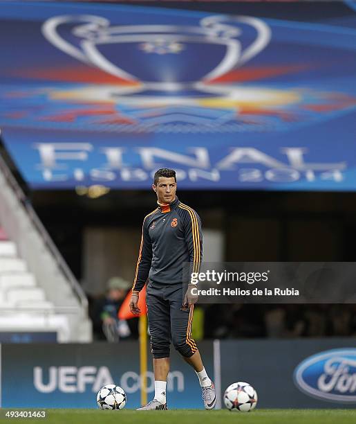 Cristiano Ronaldo of Real Madrid looks on during a Real Madrid training session ahead of the UEFA Champions League Final against Club Atletico de...