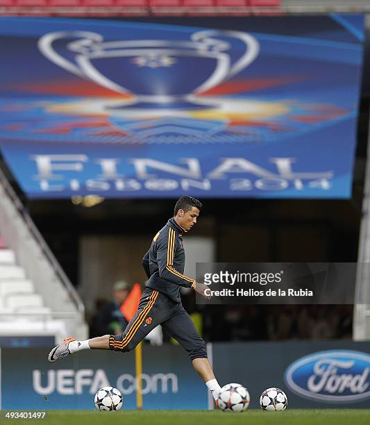 Cristiano Ronaldo of Real Madrid in action during a Real Madrid training session ahead of the UEFA Champions League Final against Club Atletico de...