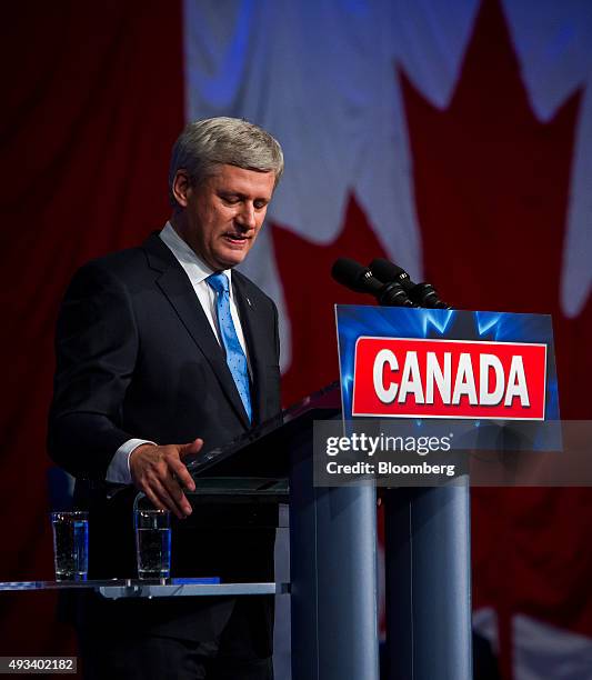 Conservative Leader Stephen Harper, Canada's prime minister, attends a news conference where he conceded victory on election day in Calgary, Alberta,...