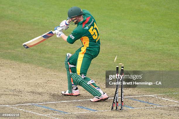 Ben Dunk of Tasmania is bowled out by James Pattinson of Victoria during the Matador BBQs One Day Cup match between Tasmania and Victoria at North...