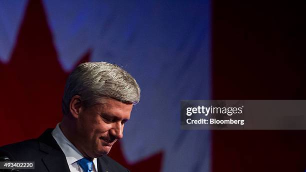 Conservative Leader Stephen Harper, Canada's prime minister, attends a news conference where he conceded victory on election day in Calgary, Alberta,...