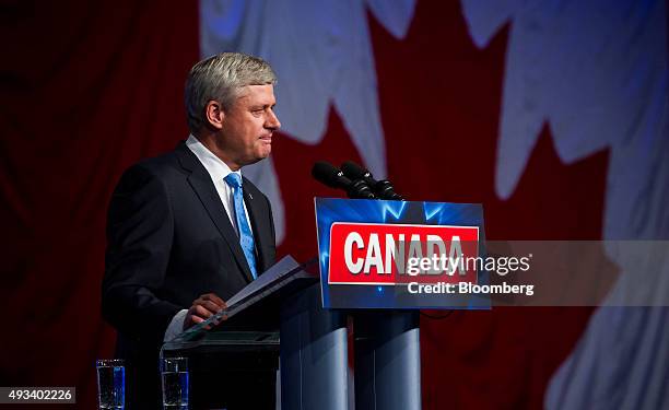 Conservative Leader Stephen Harper, Canada's prime minister, attends a news conference where he conceded victory on election day in Calgary, Alberta,...