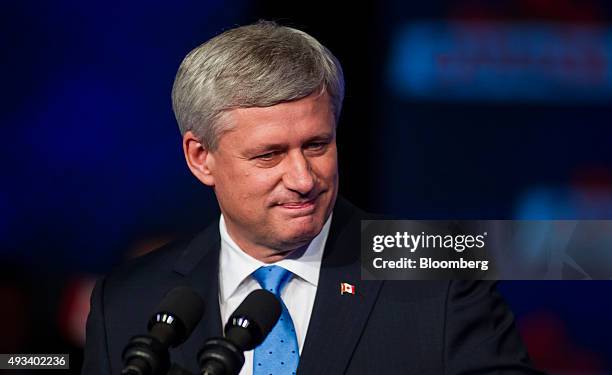 Conservative Leader Stephen Harper, Canada's prime minister, attends a news conference where he conceded victory on election day in Calgary, Alberta,...