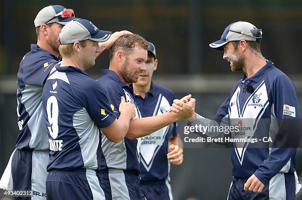 Jon Holland of Victoria celebrates after taking the wicket of Tim Paine of Tasmania during the Matador BBQs One Day Cup match between Tasmania and...