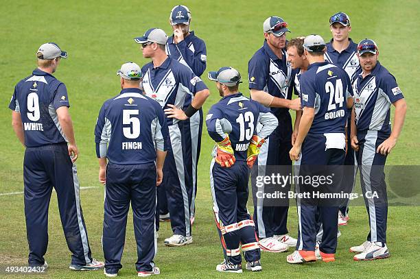 James Pattinson of Victoria celebrates after taking the wicket of Evan Gulbis of Tasmania during the Matador BBQs One Day Cup match between Tasmania...