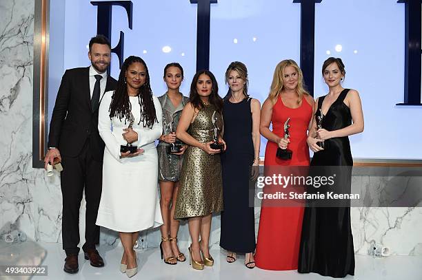 Host Joel McHale and honorees Ava DuVernay, Alicia Vikander, and Salma Hayek, ELLE Editor-in-Chief Robbie Myers, and honorees Amy Schumer, and Dakota...