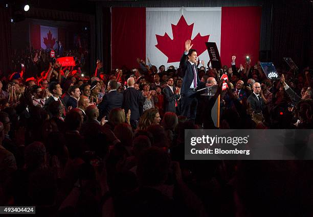 Justin Trudeau, Canada's prime minister-elect and leader of the Liberal Party of Canada, gestures to supporters on election night in Montreal,...
