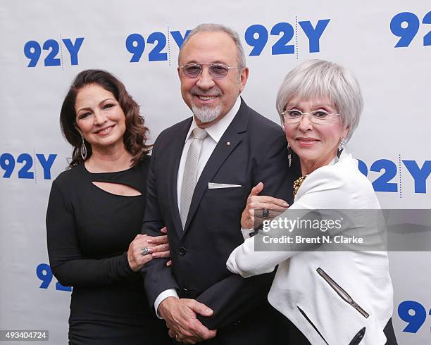 Singer Gloria Estefan, moderator Rita Moreno and musician/producer Emilio Estefan attend Gloria and Emilio Estefan In Conversation with Rita Moreno...