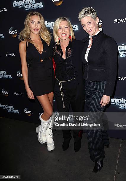 Actress/singer Chloe Lattanzi, actress/singer Olivia Newton-John and Gene Kelly's widow Patricia Kelly attend 'Dancing with the Stars' Season 21 at...