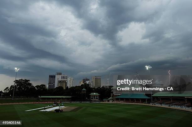 Play is suspended due to bad weather during the Matador BBQs One Day Cup match between Tasmania and Victoria at North Sydney Oval on October 20, 2015...