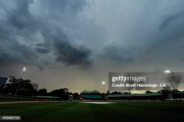 Play is suspended due to bad weather during the Matador BBQs One Day Cup match between Tasmania and Victoria at North Sydney Oval on October 20, 2015...