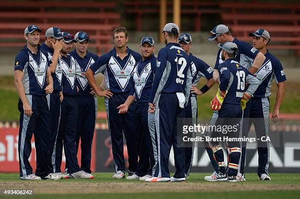Victorian Players look on during the Matador BBQs One Day Cup match between Tasmania and Victoria at North Sydney Oval on October 20, 2015 in Sydney,...