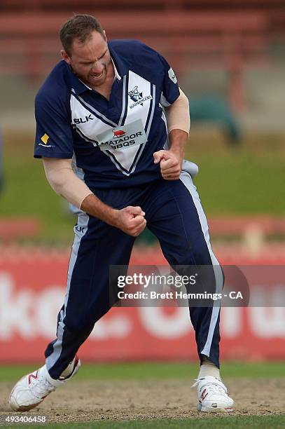 John Hastings of Victoria celebrates after taking the wicket of James Faulkner of Tasmania during the Matador BBQs One Day Cup match between Tasmania...