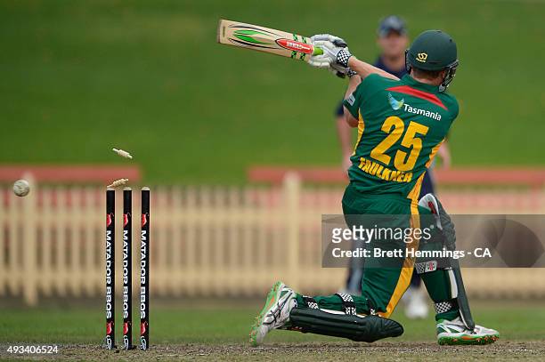 James Faulkner of Tasmania is bowled out by John Hastings of Victoria during the Matador BBQs One Day Cup match between Tasmania and Victoria at...