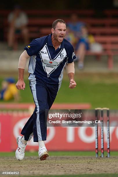 John Hastings of Victoria celebrates after taking the wicket of James Faulkner of Tasmania during the Matador BBQs One Day Cup match between Tasmania...