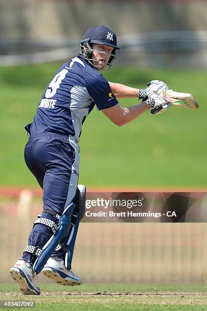 Cameron White of Victoria bats during the Matador BBQs One Day Cup match between Tasmania and Victoria at North Sydney Oval on October 20, 2015 in...