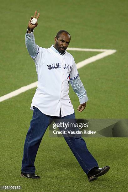 Toronto Blue Jays former player Devon White is introduced before throwing out the ceremonial first pitch prior to game three of the American League...