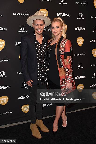 Actor Evan Ross and singer Ashlee Simpson attend the Guitar Hero Live Launch Party at YouTube Space LA on October 19, 2015 in Los Angeles, California.