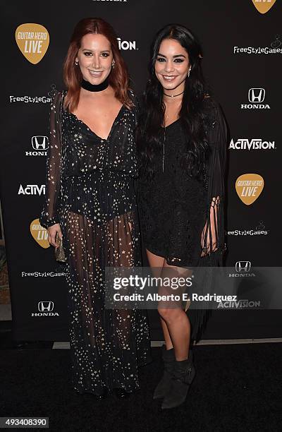 Actors Ashley Tisdale and Vanessa Hudgens attend the Guitar Hero Live Launch Party at YouTube Space LA on October 19, 2015 in Los Angeles, California.