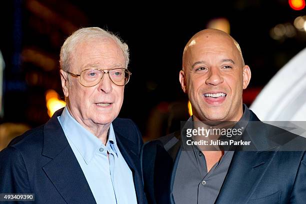 Sir Michael Caine and Vin Diesel attend the UK Premiere of 'The Last Witch Hunter' at Empire Leicester Square on October 19, 2015 in London, England.