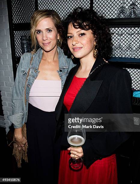 Actress Kristen Wiig, and actress Alia Shawkat attend the Los Angeles premiere of The Orchard's 'Nasty Baby' after party on October 19, 2015 in...