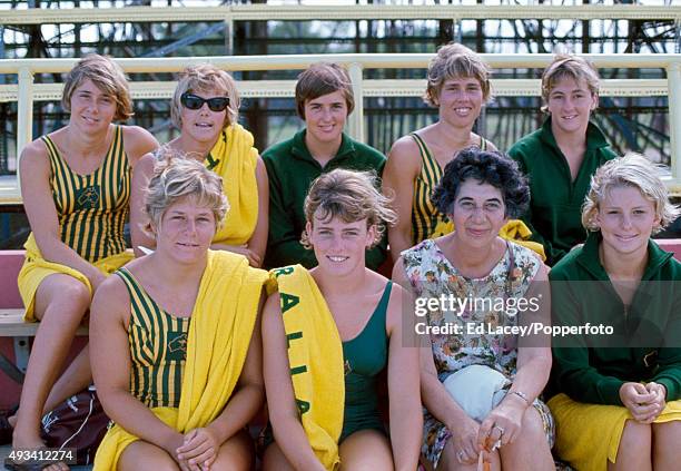 Australia swimmers, back row left to right: Janet Steinbeck, Lynette Bell, Jenny Thorn, Allyson Mabb and Jan Murphy; front row left to right: Jill...