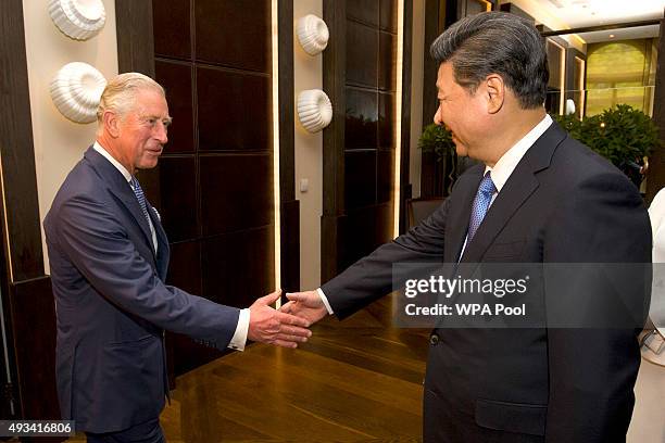 Prince Charles, Prince of Wales greets Chinese President Xi Jinping at the Mandarin Oriental hotel on October 20, 2015 in London, England. The...