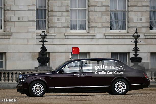 The car carrying China's President, Xi Jinping, arrives to review an honour guard on October 20, 2015 in London, England. The President of the...