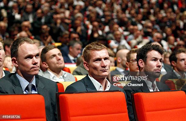 British cyclist Christopher Froome, German cyclist Andre Greipel and British cyclist Mark Cavendish attend the presentation of the Tour de France...
