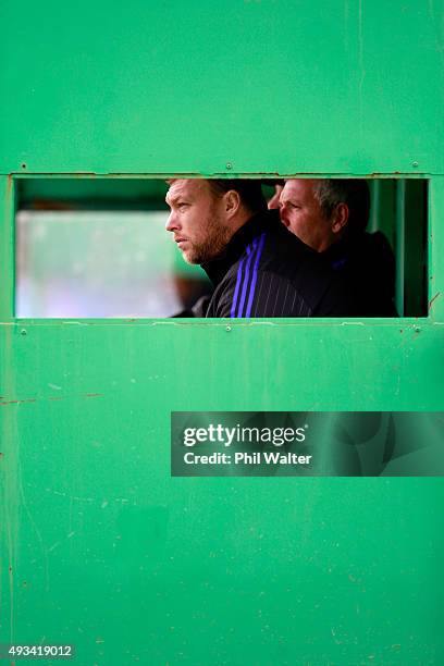 Wyatt Crockett of the All Blacks looks on during a New Zealand All Blacks training session at London Irish on October 20, 2015 in London, United...