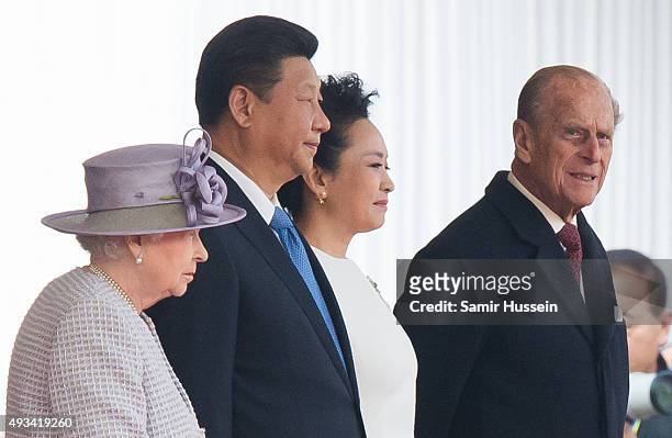 Queen Elizabeth II, Chinese President Xi Jinping, Peng Liyuan and Prince Philip, Duke of Edinburgh attend the Official Ceremonial Welcome for the...