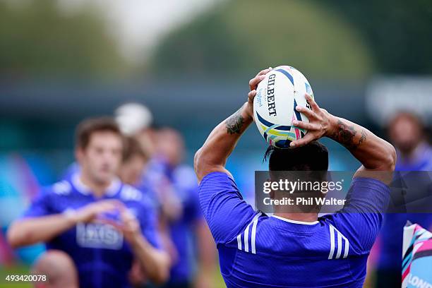 Keven Mealamu of the All Blacks throws in the ball during a New Zealand All Blacks training session at London Irish on October 20, 2015 in London,...