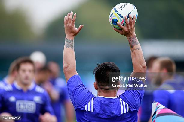 Keven Mealamu of the All Blacks throws in the ball during a New Zealand All Blacks training session at London Irish on October 20, 2015 in London,...