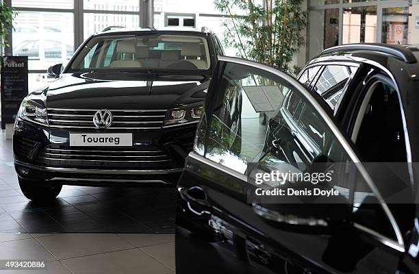 View of the Volkswagan AG Touareg car at a Volkswagen retail outlet on October 20, 2015 in Madrid, Spain. Spain's public prosecutor asked the High...