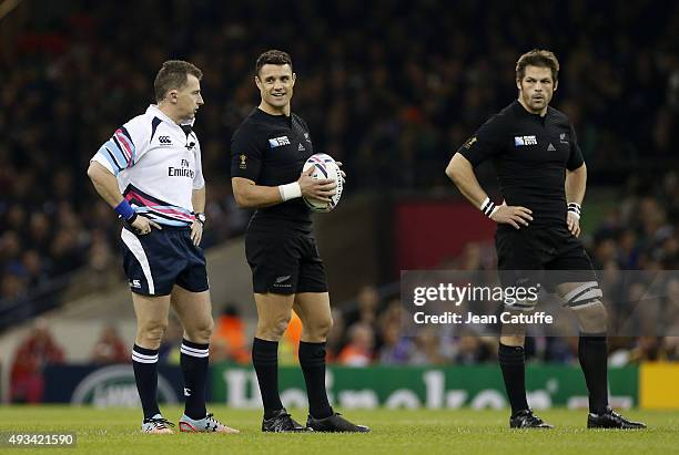 Referee Nigel Owens of Wales, Dan Carter and Richie McCaw of the New Zealand All Blacks look on before the kick off of the 2015 Rugby World Cup...