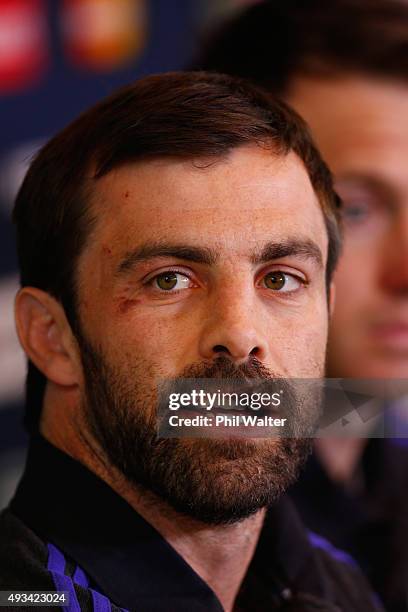 Conrad Smith of the All Blacks speaks during a New Zealand All Blacks media session at the Oatlands Park Hotel on October 20, 2015 in London, United...