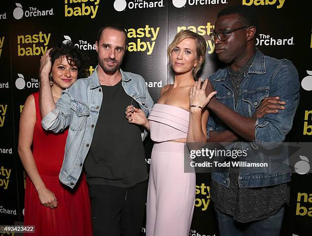 Alia Shawkat, Sebastian Silva, Kristen Wiig and Tunde Adebimpe attend the Los Angeles Premiere Of The Orchard's "Nasty Baby" on October 19, 2015 in...