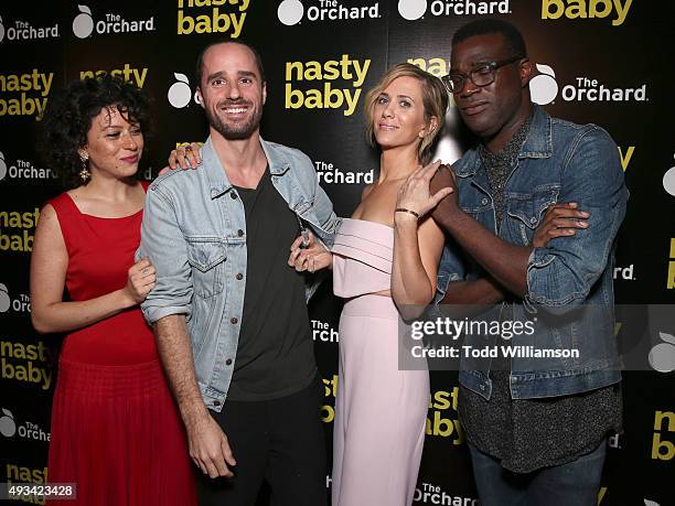 Alia Shawkat, Sebastian Silva, Kristen Wiig and Tunde Adebimpe attend the Los Angeles Premiere Of The Orchard's "Nasty Baby" on October 19, 2015 in...