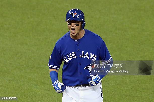 Troy Tulowitzki of the Toronto Blue Jays celebrates after hitting a three-run home run in the third inning against the Kansas City Royals during game...