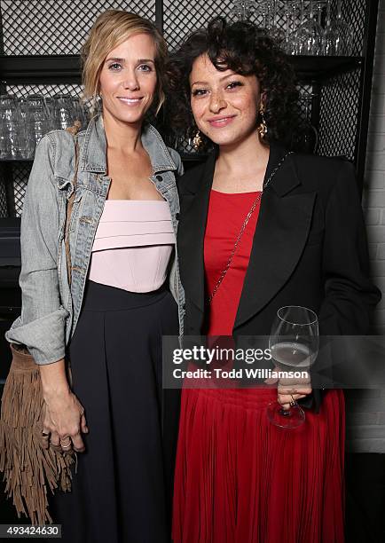 Kristen Wiig and Alia Shawkat attend the Los Angeles Premiere Of The Orchard's "Nasty Baby" on October 19, 2015 in Los Angeles, California.
