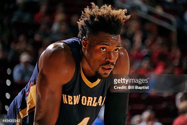 Close up shot of Jeff Adrien of the New Orleans Pelicans against the Houston Rockets during a preseason game on October 19, 2015 at the Toyota Center...