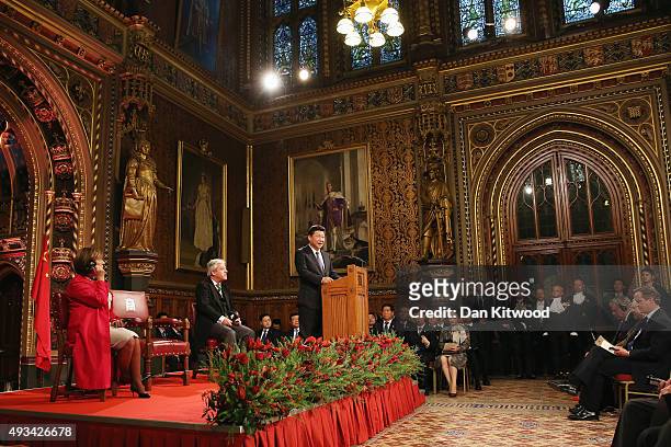 China's President, Xi Jinping addresses MPs and peers in Parliament's Royal Gallery on October 20, 2015 in London, England. The President of the...