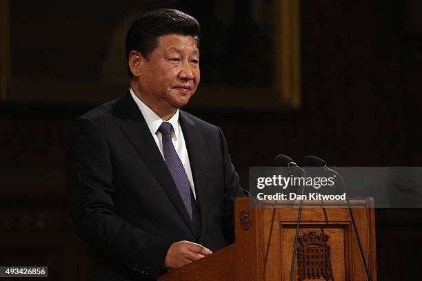 China's President, Xi Jinping addresses MPs and peers in Parliament's Royal Gallery on October 20, 2015 in London, England. The President of the...