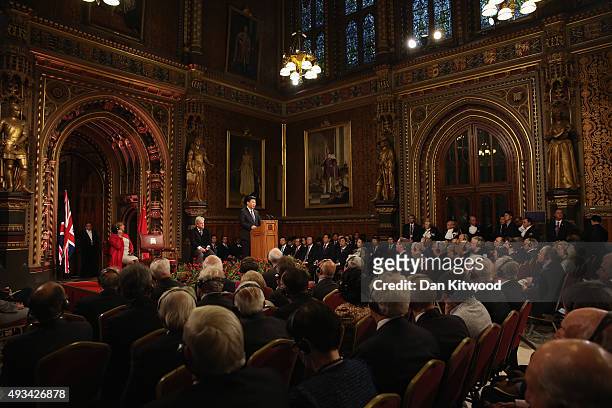 China's President, Xi Jinping addresses MPs and peers in Parliament's Royal Gallery on October 20, 2015 in London, England. The President of the...