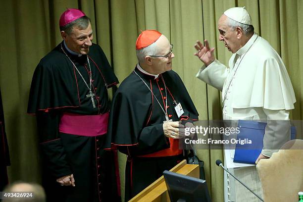 Pope Francis greets cardinal Odilo Pedro Scherer as he arrives at the Synod Hall for a session of Synod on The Themes Of Family on October 20, 2015...