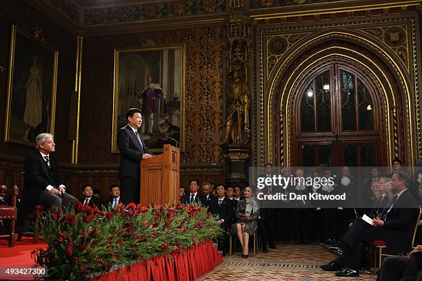 China's President, Xi Jinping addresses MPs and peers in Parliament's Royal Gallery on October 20, 2015 in London, England. The President of the...