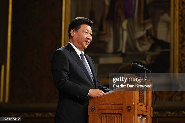 China's President, Xi Jinping addresses MPs and peers in Parliament's Royal Gallery on October 20, 2015 in London, England. The President of the...