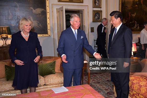 Chinese President Xi Jinping and China's First Lady Peng Liyuan take tea with Camilla, Duchess of Cornwall and Prince Charles, Prince of Wales at...