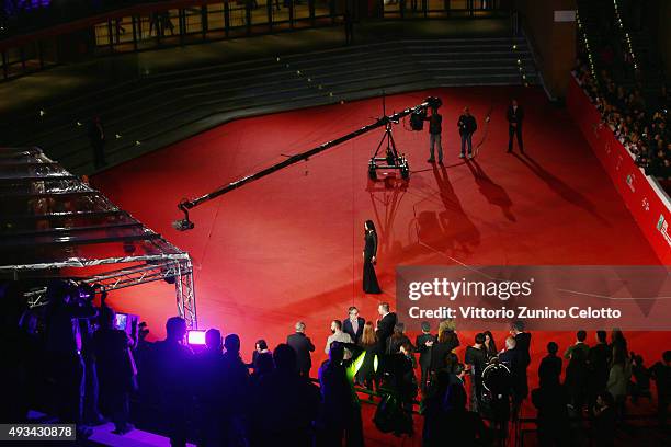 Actress Monica Bellucci walks the red carpet for 'Ville-Marie' during the 10th Rome Film Fest at Auditorium Parco Della Musica on October 20, 2015 in...